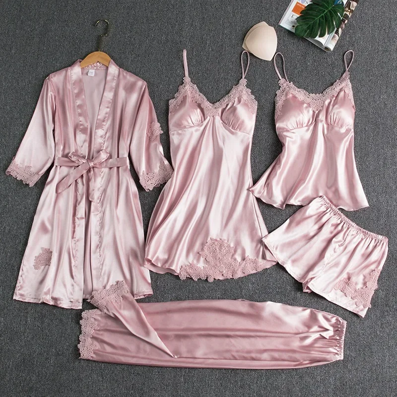 Akayes 5 Pcs/Set Spring Sleepwear Ice Silk Robe Sleep Pajama Set Women's Ventilate Satin Pajamas Gown V-Neck Casual Wear Home Nightwear