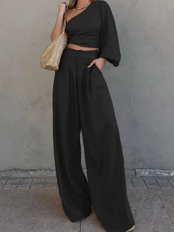 Elasticity Knot Long Sleeves Loose Asymmetric Pleated Solid Color One-Shoulder Shirts Top + Pants Bottom Two Pieces Set