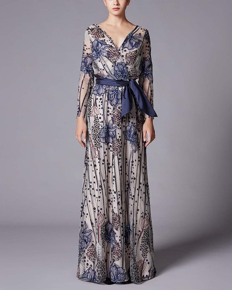 Elegant Floral Sequin Dress Gown