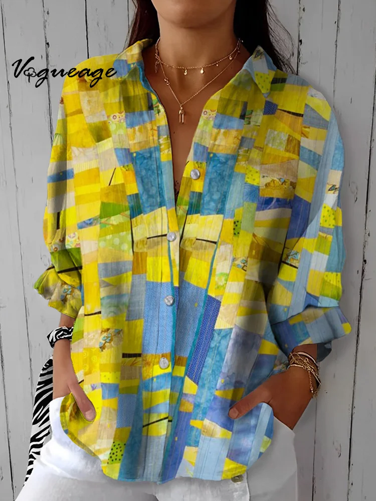 Gentle And Elegant Irregular Color Block Splicing Printed Cotton And Linen Shirt