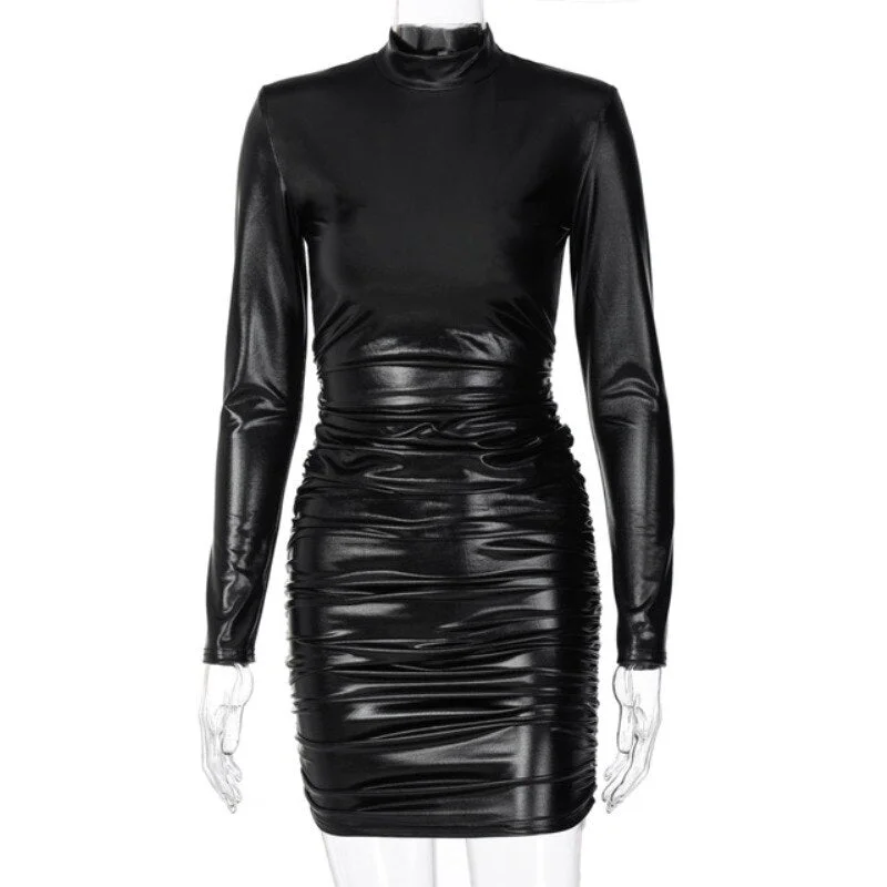 Pu Leather Mini Dress Ruched Turtleneck Long Sleeve Bodycon Bandage Sexy Streetwear Party Elegant Autumn Winter Club