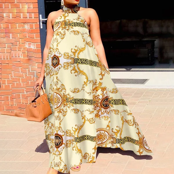 Women Fashion Pleated Printed Long Maxi Vestido S-5XL Sleeveless Round Neck Baggy Dresses