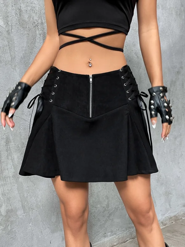 Gothic Dark Bandaged Metal-trimmed Pleated Zipper Skirt