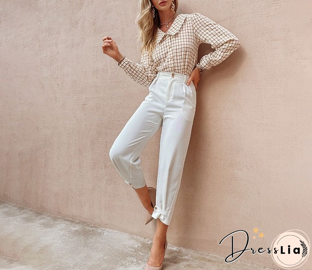 Autumn Office Lady Gingham Square Pattern Shirt Women Casual V-neck Brown Skinny Blouse Female Regular Sleeves Top