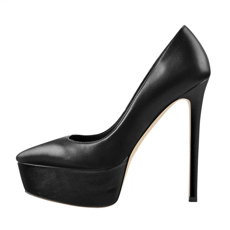Onlymaker Concise Slip On Shoes Women Pointed Toe Platform Pumps Thin High Heels Patent Leather Matte Black Big Size Elegant