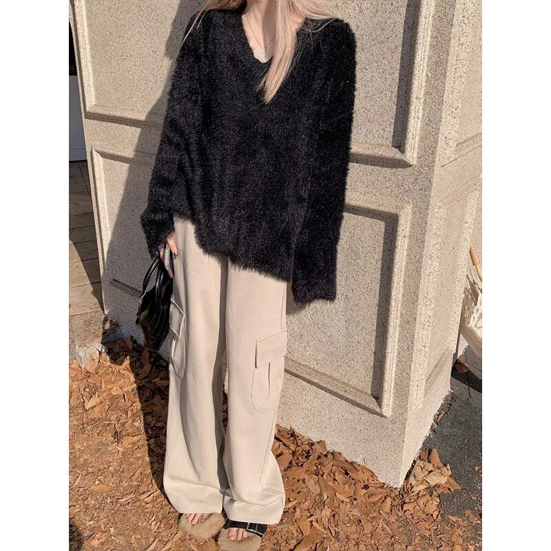 Peneran 2023 Winter V-Neck Elegant Sweater Women Casual Outwear Faux Fur Knitted Pullover Office Lady Y2k Clothing Korean Fashion Chic