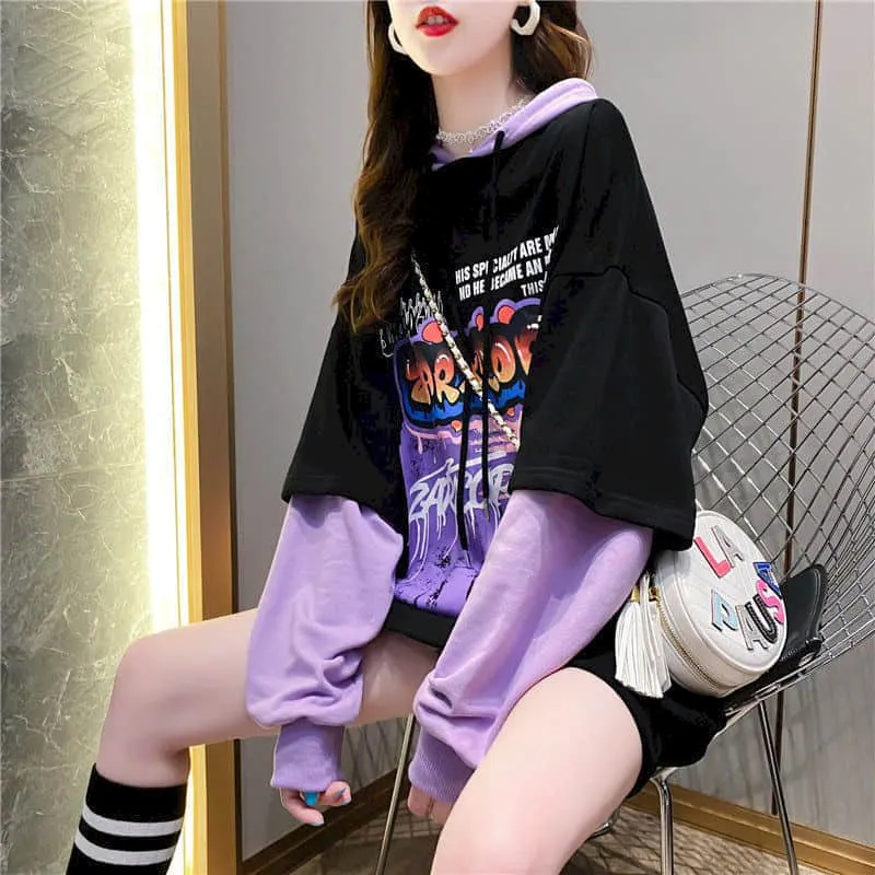 Korean version of loose fake two-piece sweatshirt women hooded 2020 autumn new mid-length student all-match jacket jacket trend