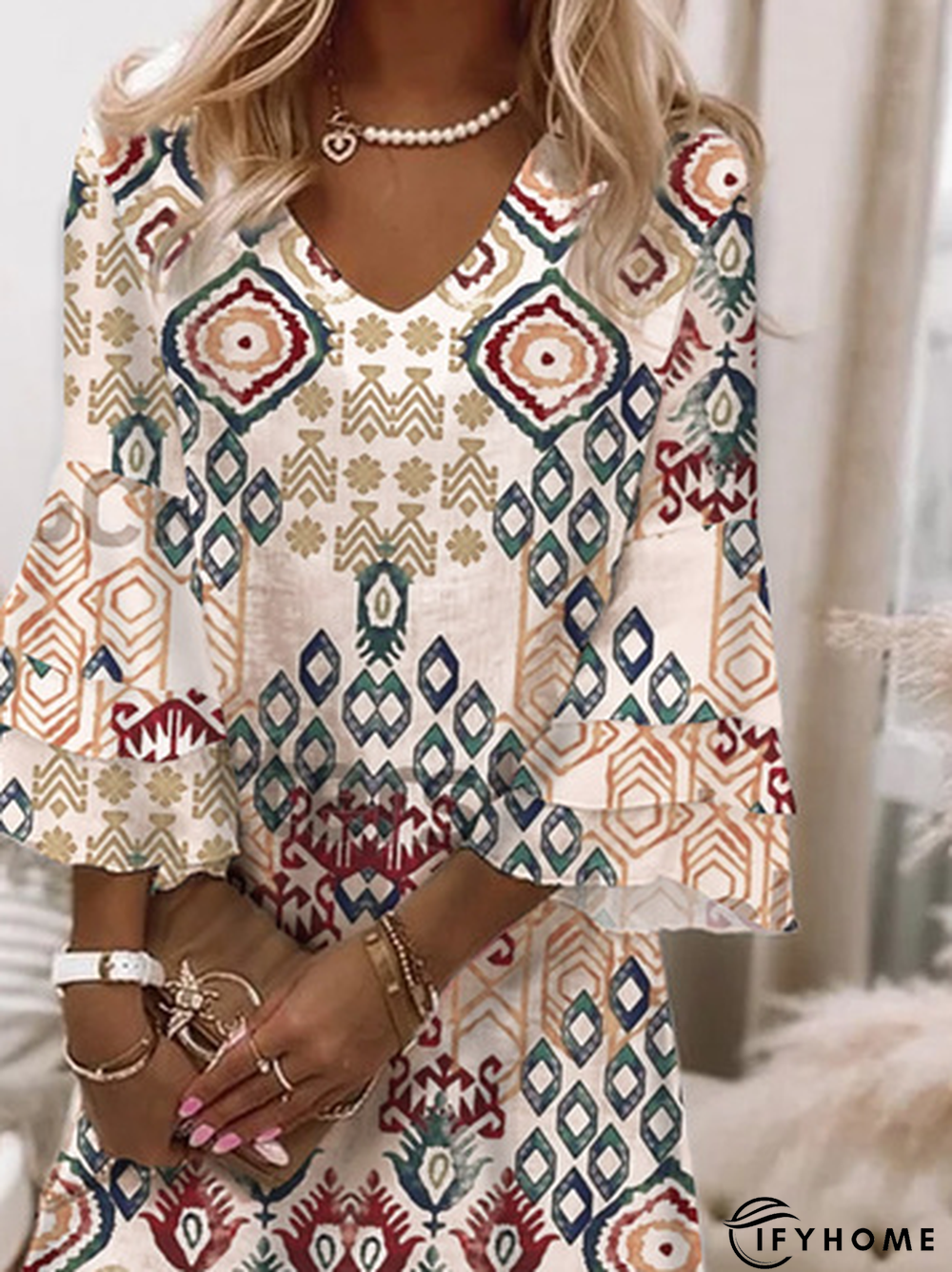 Geometric Printed V Neck Casual Dresses | IFYHOME