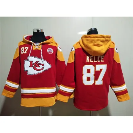 Men's Kansas City Chiefs #87 Travis Kelce Red Lace-Up Pullover Hoodie TFAC