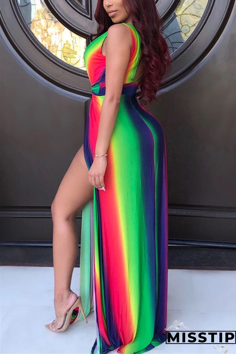 Yellow Sexy Rainbow Printing Striped V-neck Dress