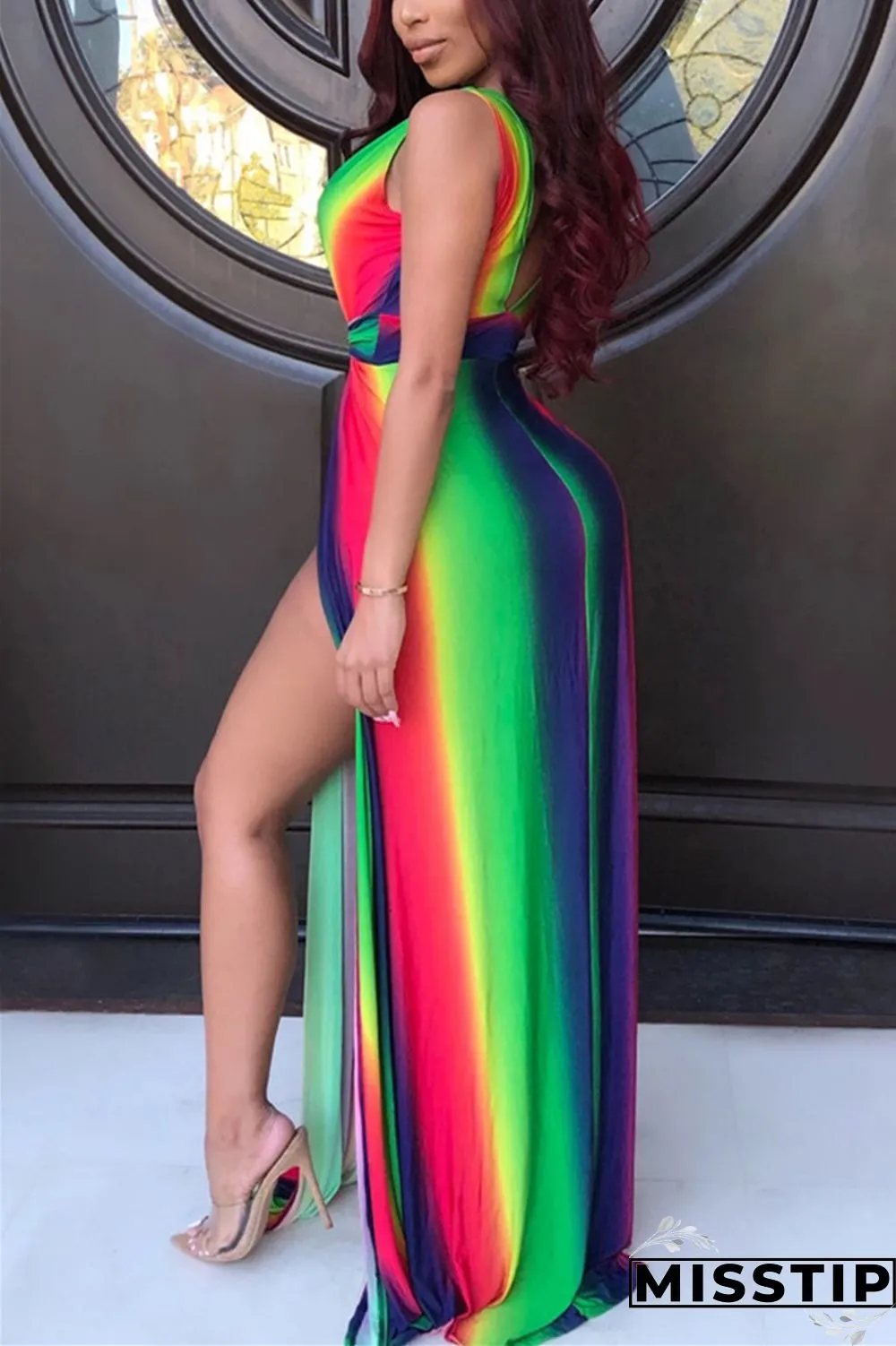 Yellow Sexy Rainbow Printing Striped V-neck Dress