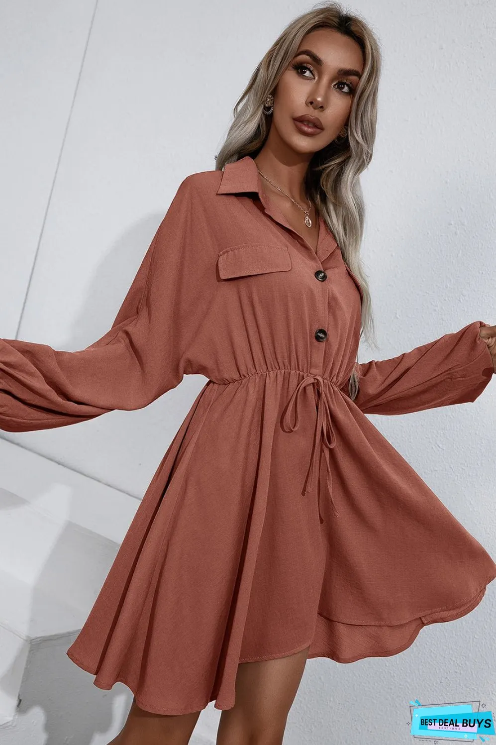 Collared Tie Waist Button Up Shirt Dress