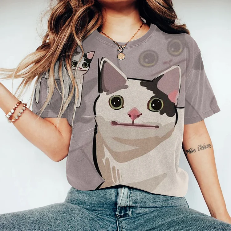 Art Cat Print Round Neck Short Sleeve T-Shirt