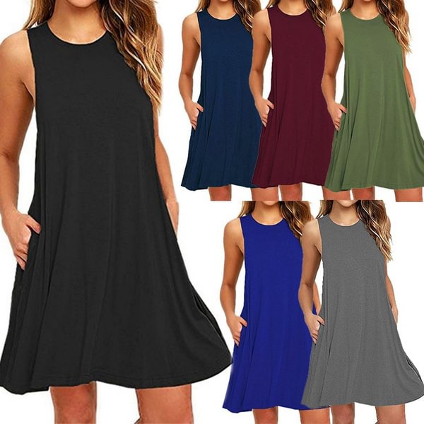Summer Fashion Women Round Neck Sleeveless Pure Color Casual Pocket Dress - Shop Trendy Women's Clothing | LoverChic