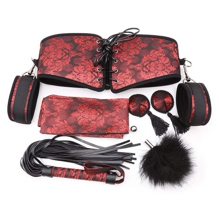 Red cloth girdle leather whip breast patch handcuffs blindfold flirtation set