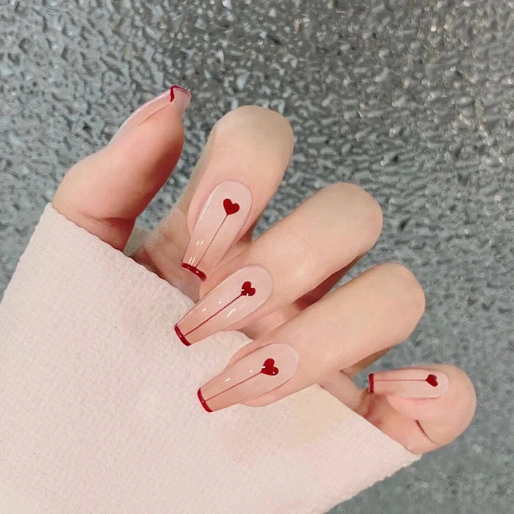 24pcs False press-on nails with a pattern Peach heart wear finished tablet nail art  removable Manicure beautiful false nails-Nail Inspo