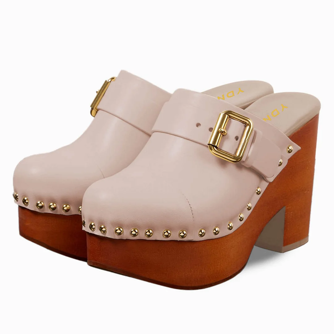 Light Pink Round-Toe Chunky Heel Platform Mules with Buckle Strap