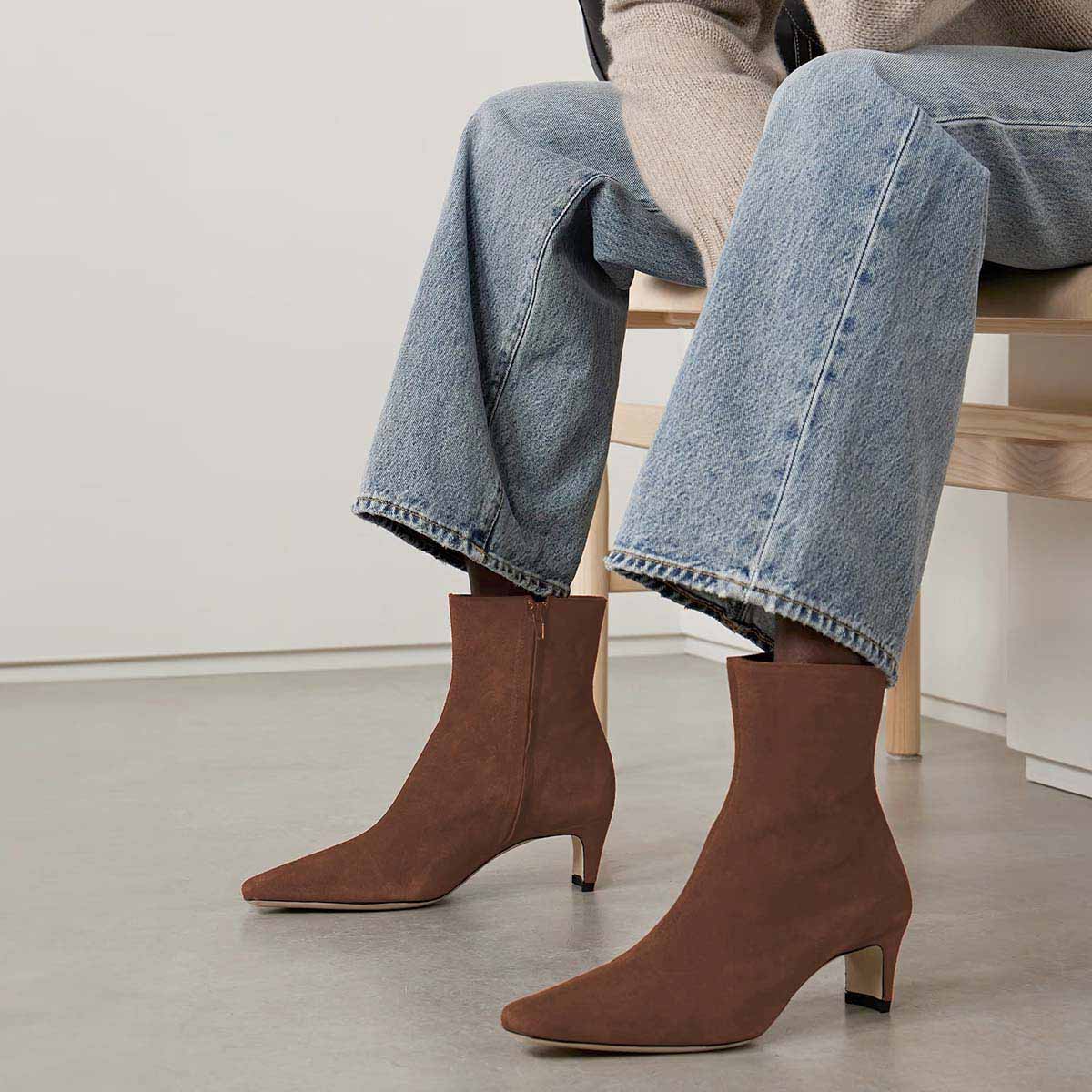 Brown Square Toe Block Heel Short Boots for Women with Side Zipper Nicepairs