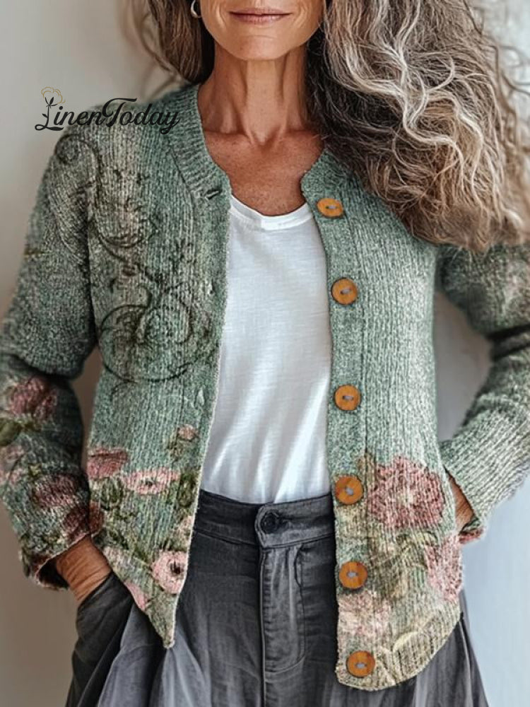 Women&rsquo;s Vintage Floral Art Pattern Print Buttoned Cardigan Sweater Multicolor / S
