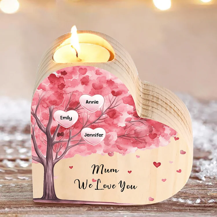 3 Names-Personalized Pink Heart Tree Heart-Shape Candlestick Set With Gift Box Custom Text  Mother's Day Gift Wooden Custom Candle Holder For Family