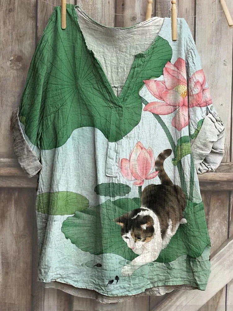 Japanese Art Lotus Tadpoles And Cat Print Cotton Blend T-Shirt