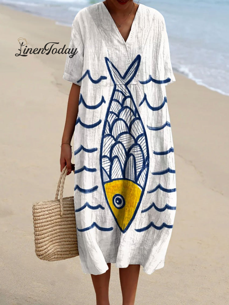 Women&rsquo;s Vintage Fish Art Print Flowy Dress Multicolor / S