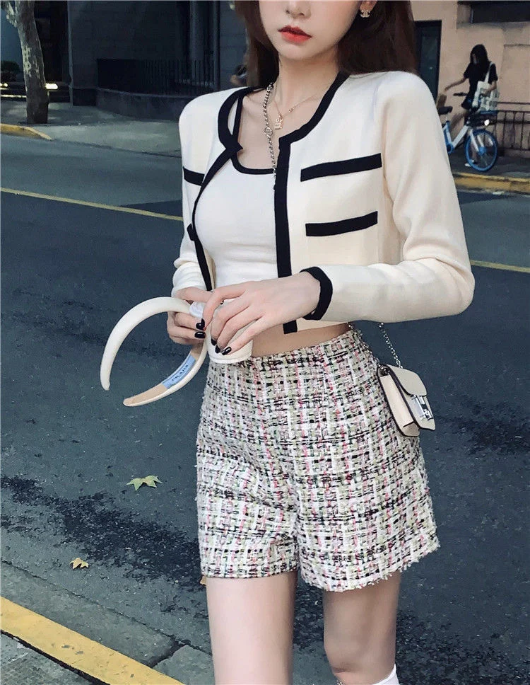 Uveng Uveng Bing Color Knitted Jersey Coat Women's Small Fragrant Summer New Sling Vest Short Top Two Sets