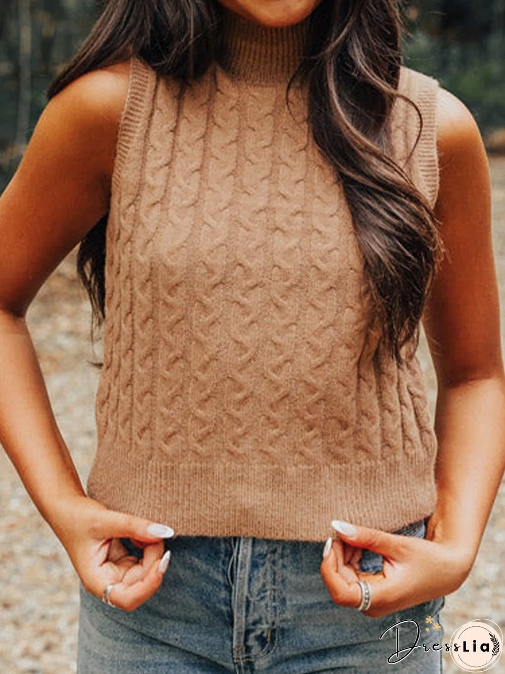 Light French Beige Cable Knit High Neck Sleeveless Tank Top