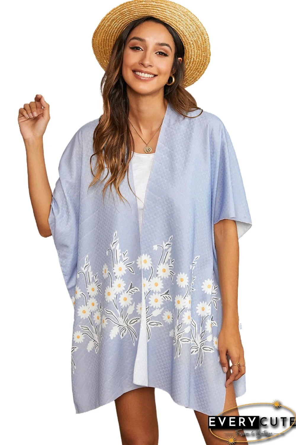 Sky Blue Spring Daisy Woven Kimono