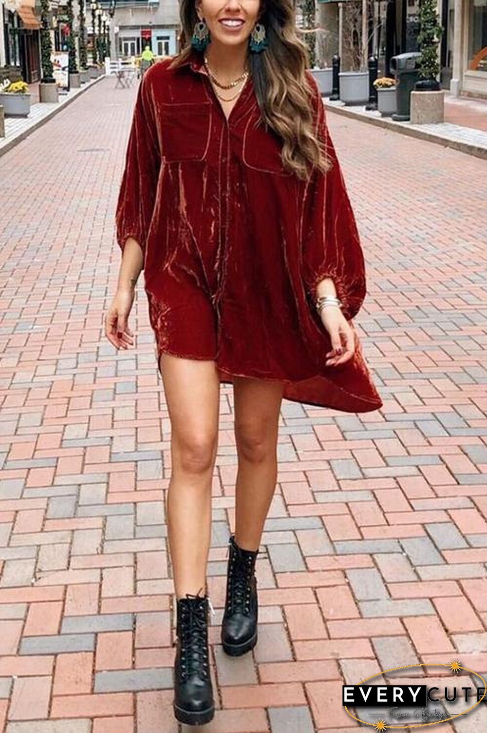 V Neck Pockets Velvet Shirt Dress