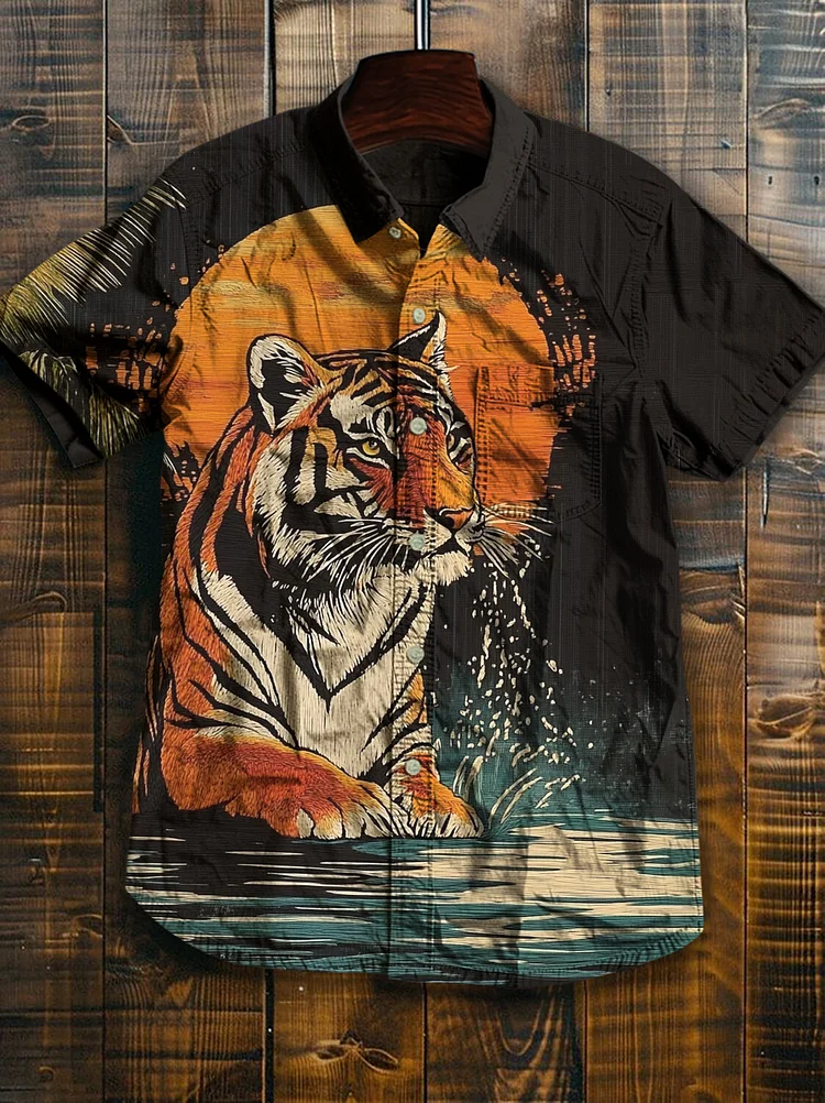Men's Tiger And Sunset Art Print Casual Shirt