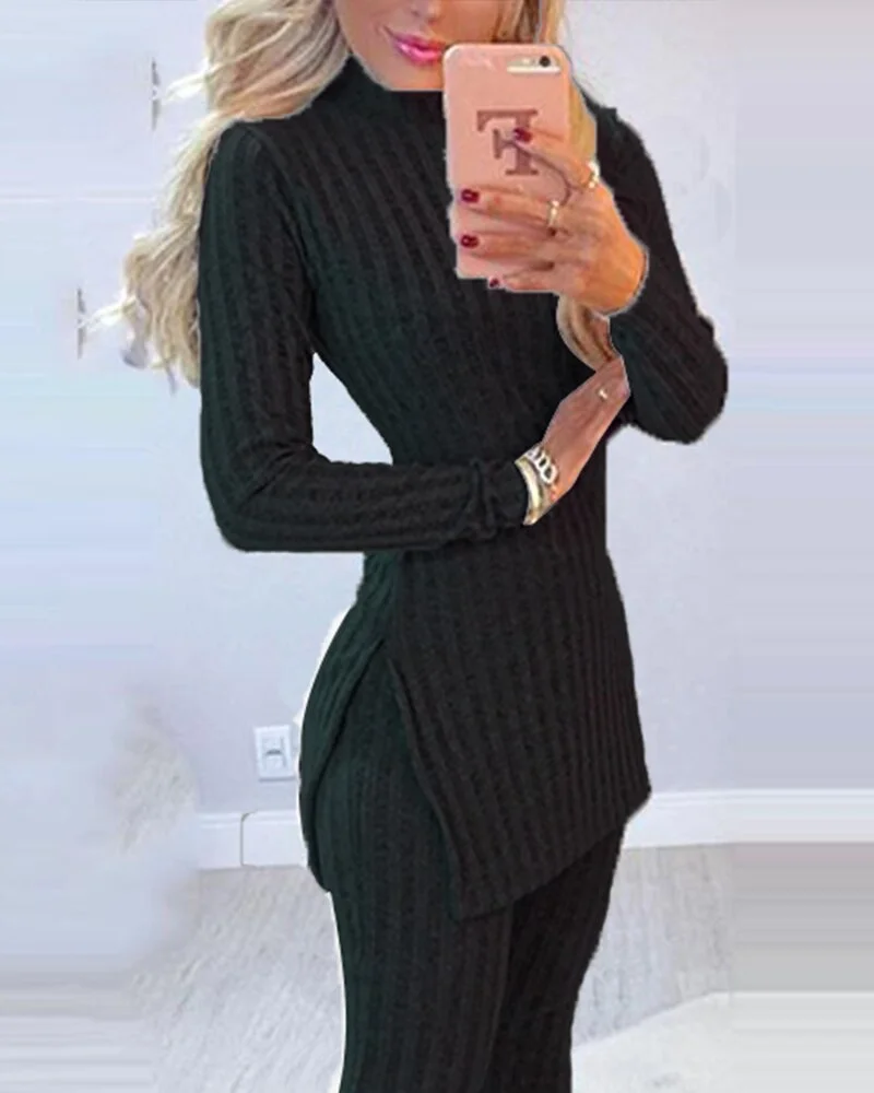 UForever21  Women's Suit Long Sleeve Ribbed Slit Long Sweater Top and High Waist Knitted Pencil Pants Set