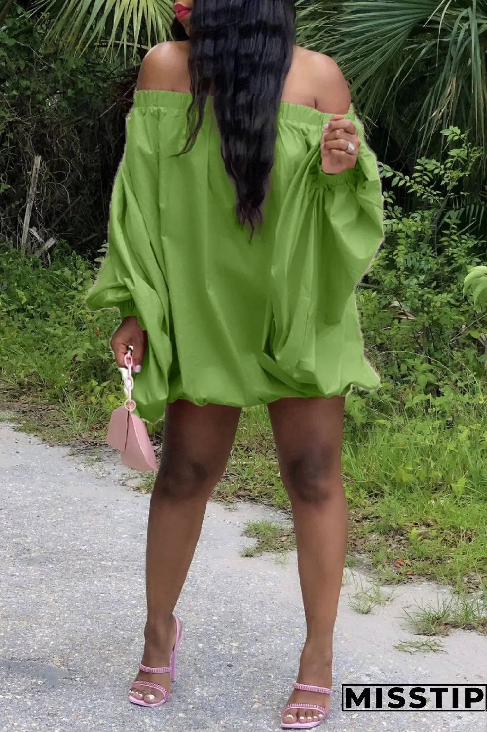 Pink Sexy Casual Solid Backless Off the Shoulder Long Sleeve Dresses