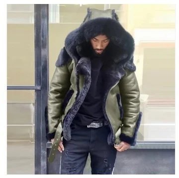 Uveng Uveng Men's Imitation Leather Plus Thick Fur One Short Zipper Coat Hooded Men's Coat