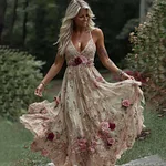 Women's Vintage Rose Floral Embroidery Art V-neck Suspender Maxi Dress - Image 2