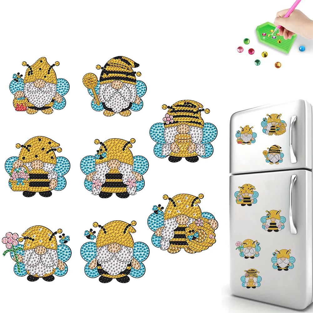 8Pcs Bee Gnome Special Shape Diamond Painting Fridge Stickers for Home Decor