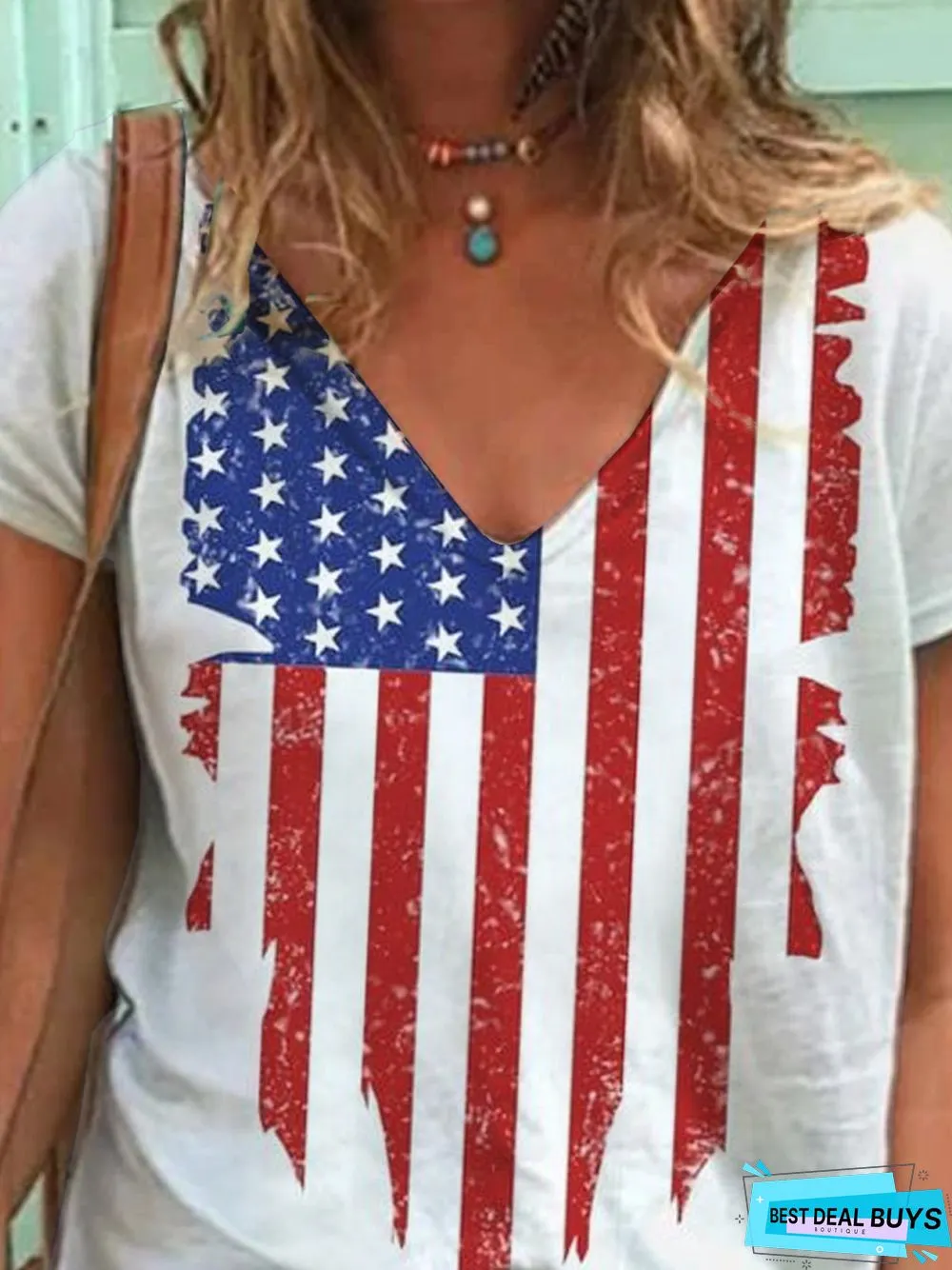 Graphic  Short Sleeve  Printed  Cotton-blend  V neck  Casual Summer White Top