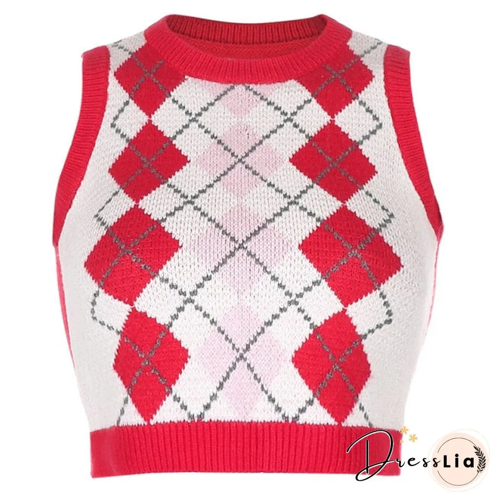 V Neck Vintage Argyle Sweater Vest Women Black Sleeveless Plaid Knitted Crop Sweaters Casual Autumn Preppy Style tops