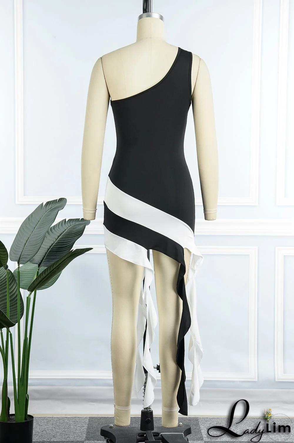 Yellow Sexy Patchwork Backless Contrast One Shoulder Sleeveless Dress Dresses