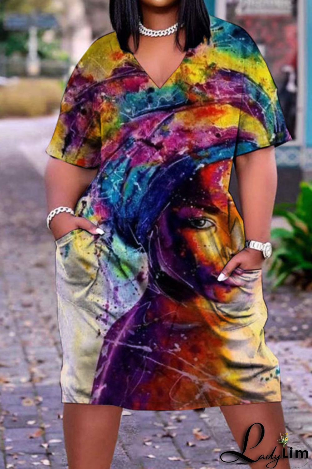 Grey Casual Street Print Patchwork V Neck Straight Dresses