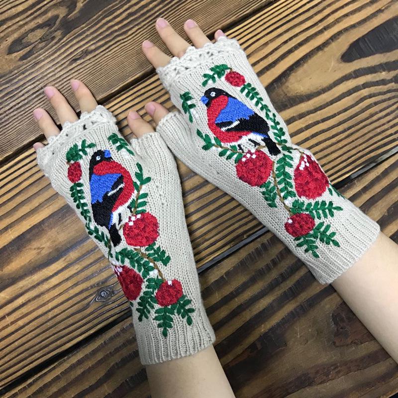 Fashion Women's Autumn Knitted Handmade Embroidery Mid Long Gloves