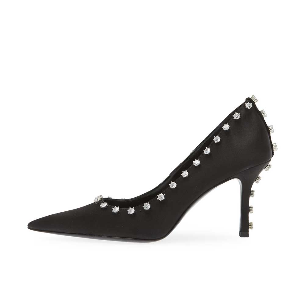 Black Satin Pointed Toe 3'' Stiletto Heel Rhinestone Pumps Nicepairs