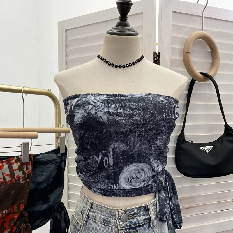 Brownm Explosion Recommended Y2k Hottie Braid Small Sling Belt With Chest Mat Tie Mesh Yarn Tidly Wrapped Bra T-Shirt 1391