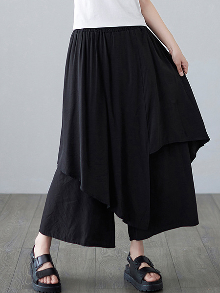 Irregular Design Elastic Waist Solid Color Wide Leg Pants
