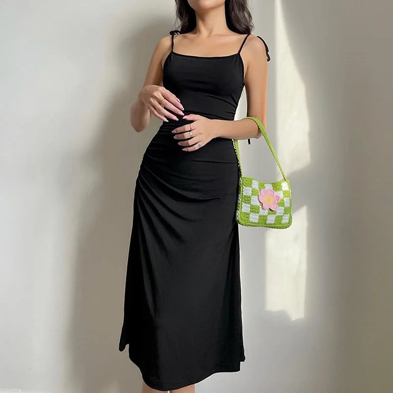 Rapcopter Tie Up Midi Dress Backless Sexy Goth Black Spaghetti Strap Dress Women Slim Bodycon Basic Casual Sundress Streetwear