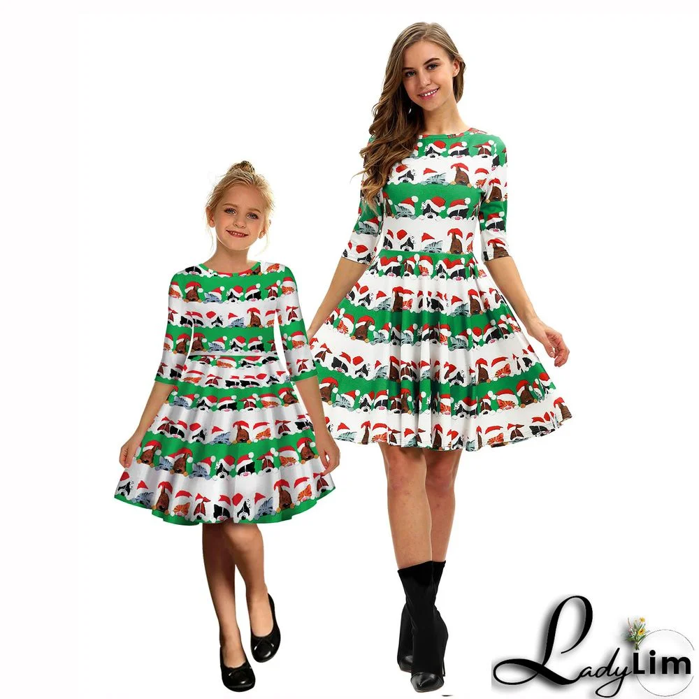 Christmas Digital Printing Women's Half-Sleeve Round Neck Mother And Me A-Line Party Dress