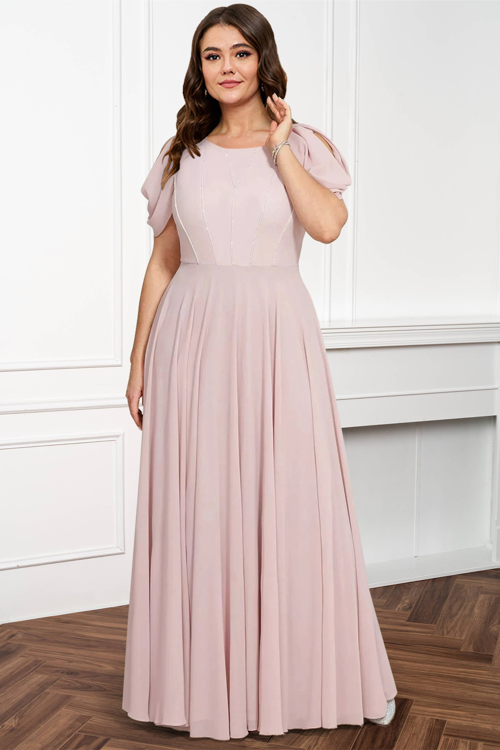 Flycurvy Plus Size Wedding Guest Pink Chiffon Puff Sleeve Maxi Dress