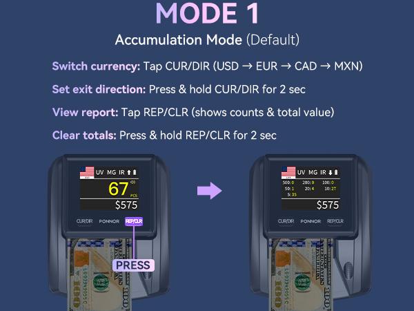 Product Introduction of PONNOR AL-135T Counterfeit Bill Detector Money counting Checker Machine with 3" Digital Screen, Total Value Add Function, 4-Way Orientation & Pass/Fail Indicator Mode, Compatible with USD/EUR/CAD/MXN 4