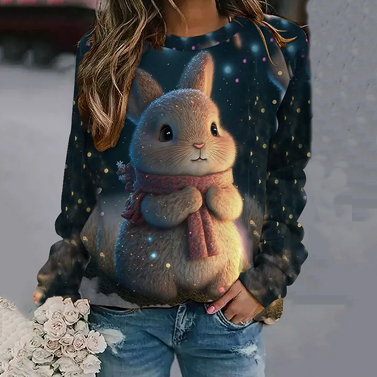 VChics Cute Bunny With Candlelight Print Long Sleeve Sweatshirt