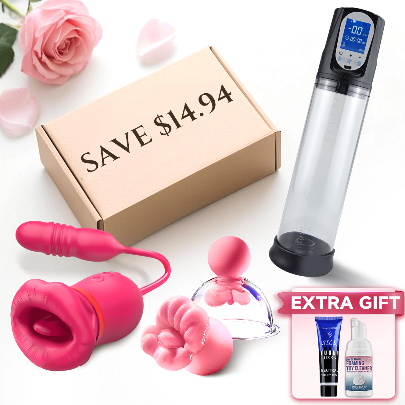Couple Sex Toys Set - 2 In 1 Mouth Vibrator Male Penis Pump Nipple Toys & Accessory - Rose Toy